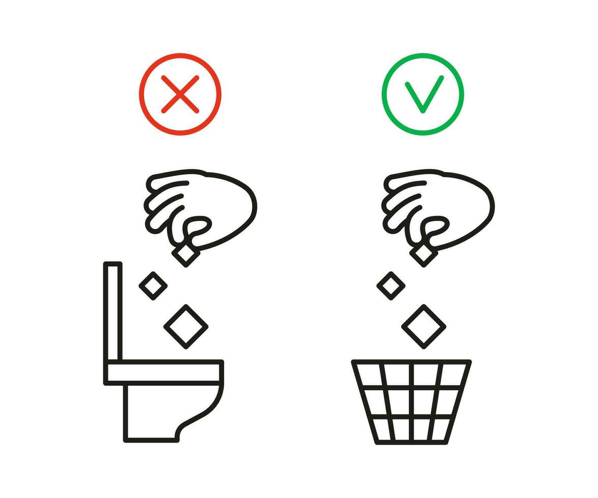 Rule take out rubbish in basket but not in toilet pan, prohibition warning sign. Do not throw garbage in toilet. Can throw rubbish into trash can. Problem of planet pollution. Vector