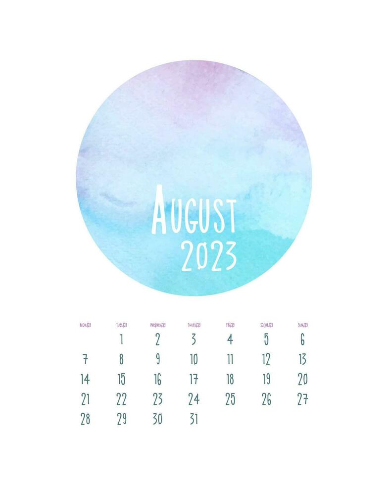 calendario agosto 2023 con acuarela azul rosado círculo. vector