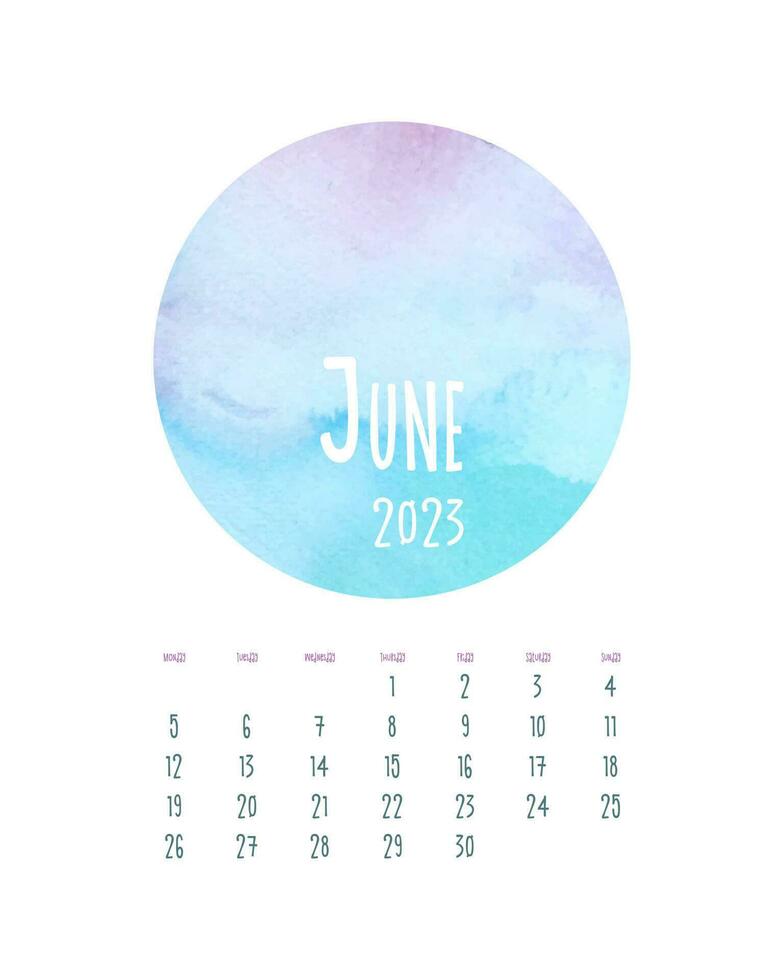 Calendar June 2023 with watercolor blue pink circle. vector