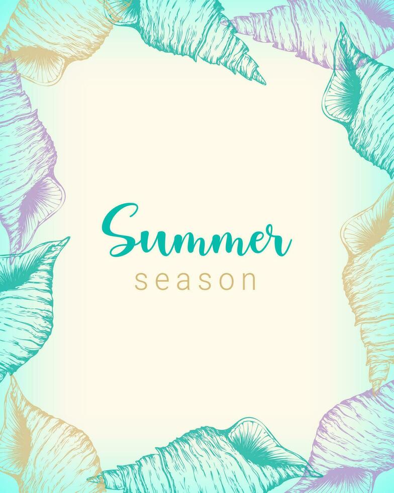 Summer Season vertical banner card with seashell hand drawn. vector