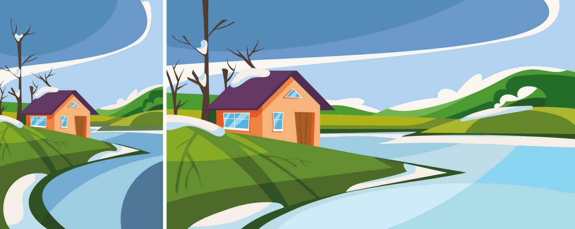 casa en el lago en primavera estación. naturaleza paisaje en diferente formatos. vector