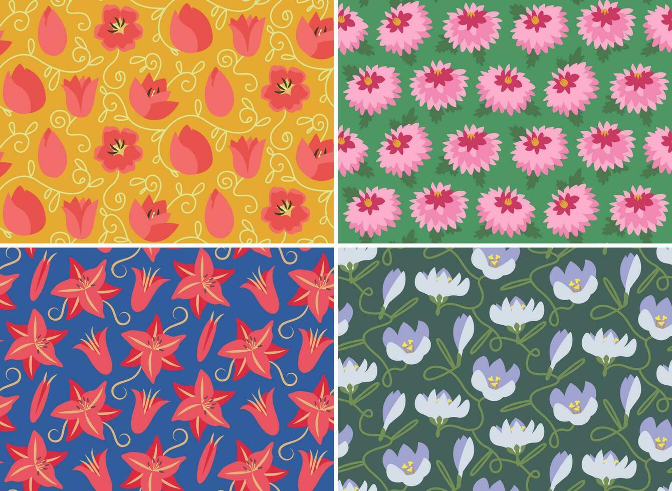 Set of seamless pattern with garden flower heads. Beautiful nature textures in flat style. vector