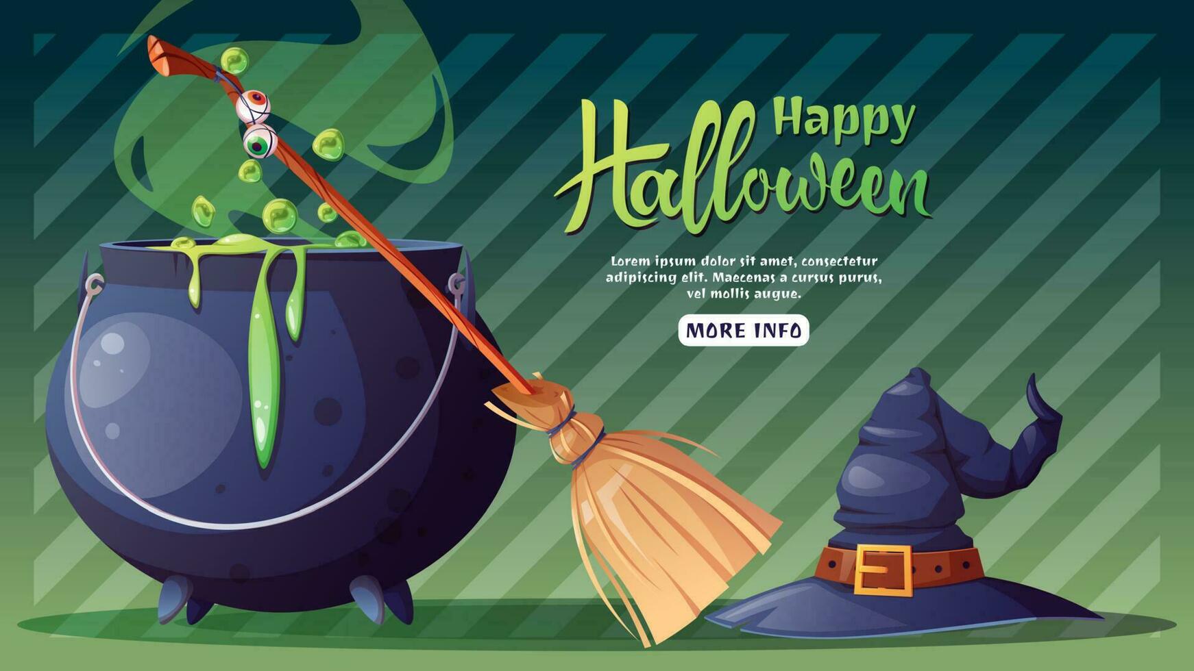 Halloween banner with witch s cauldron, broom and hat. Happy Halloween. Web banner, poster, advertising, background, flyer, holiday card. Cartoon vector illustration