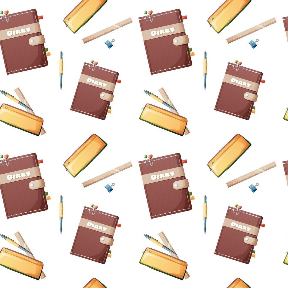 Seamless pattern with diary, pencil case, paper clips, pen, pencils on a dark background. Back to school, knowledge day. Suitable for textiles, paper, wallpapers, etc. vector