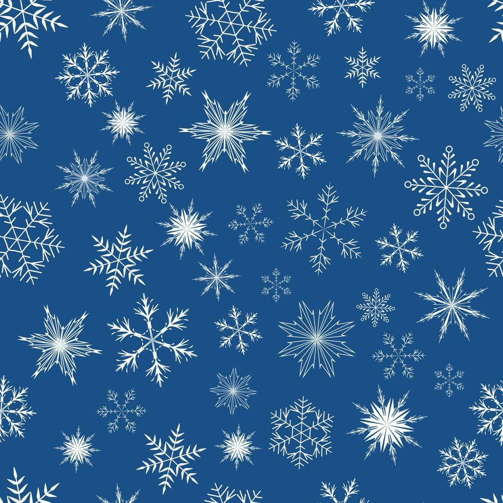 Vector seamless pattern of white snowflakes on a blue background. Winter illustration for decorating fabrics, textiles, paper, printing, clothing, invitations, gifts, etc