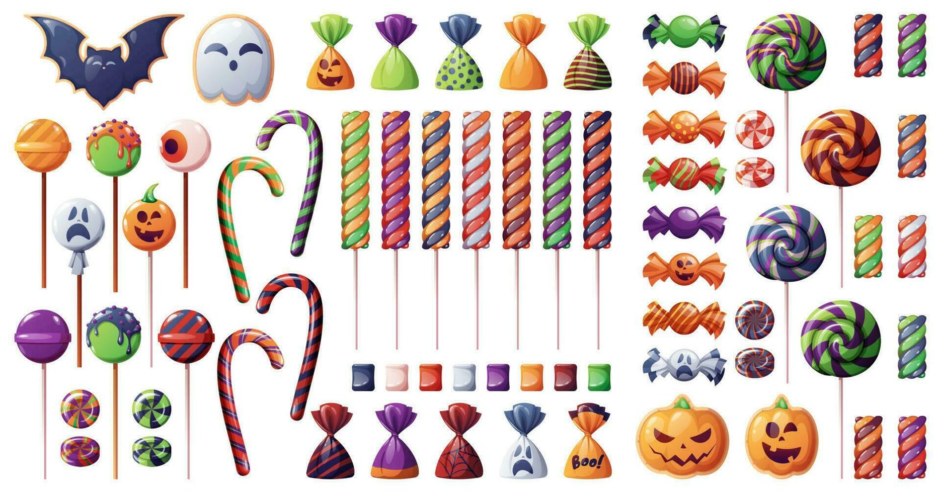 A set of sweets for Halloween. Cookies in the form of a ghost, a bat, a pumpkins. Sweet candies and lollipops with a spiral pattern in Halloween style vector