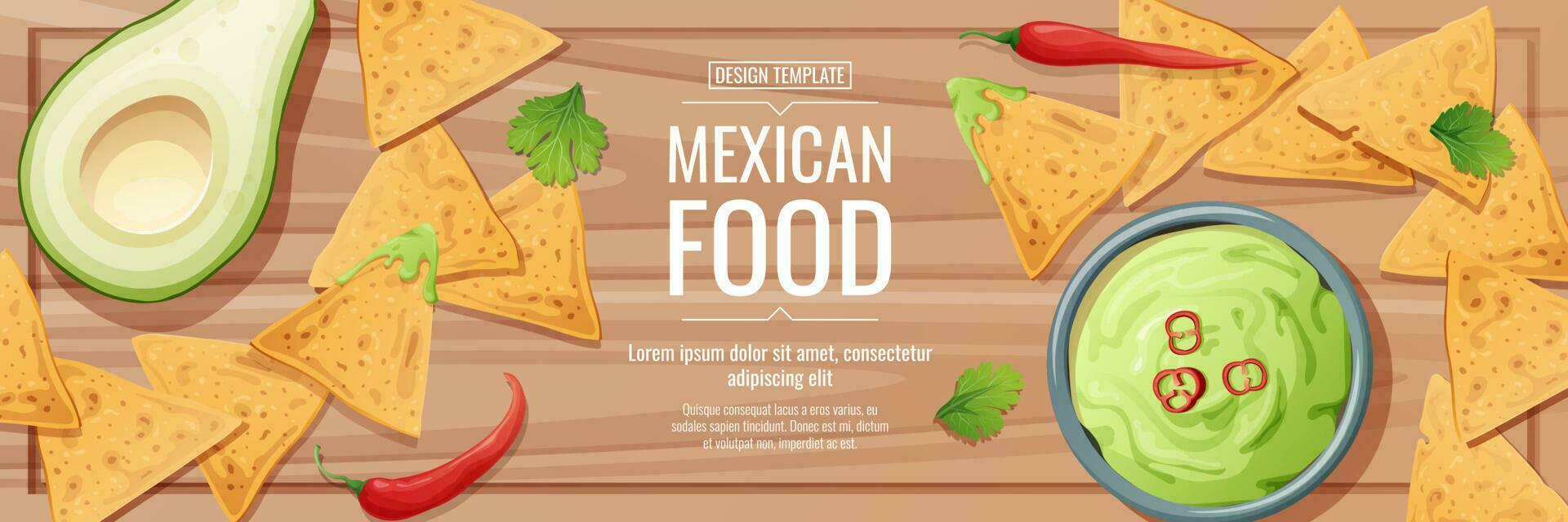 Horizontal banner with nachos and guacamole sauce. Traditional Mexican food. vector