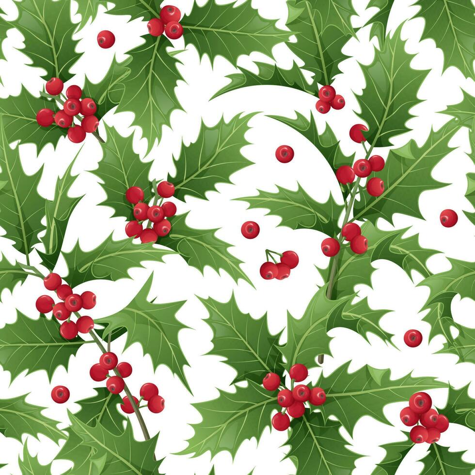 Christmas seamless pattern with holly branches on a white background. Christmas mood. Suitable for wrapping paper, wallpaper, textile vector