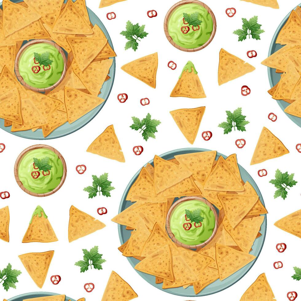 Seamless pattern with a plate of nachos and guacamole sauce on a white background. Traditional Mexican food. Corn chips. Vector background for wrapping paper, fabric, wallpaper. Latin American food