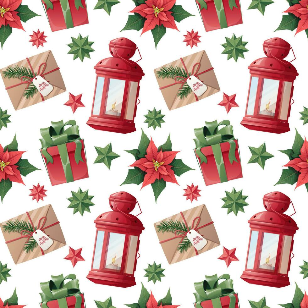 Christmas seamless pattern with gifts, lantern, poinsettia on a white background. Festive texture for wrapping paper, scrapbooking, fabric, wallpaper vector