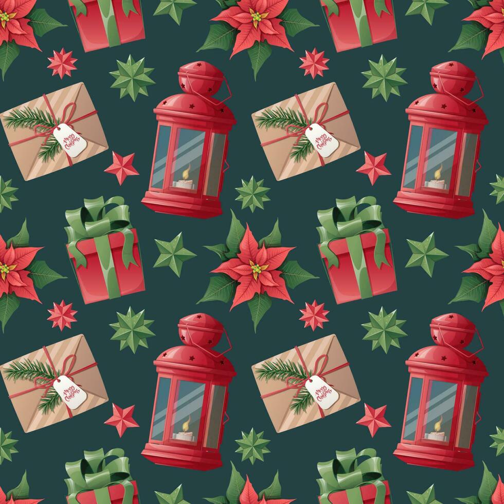Christmas seamless pattern with gifts, lantern, poinsettia on a green background. Festive texture for wrapping paper, scrapbooking, fabric, wallpaper vector