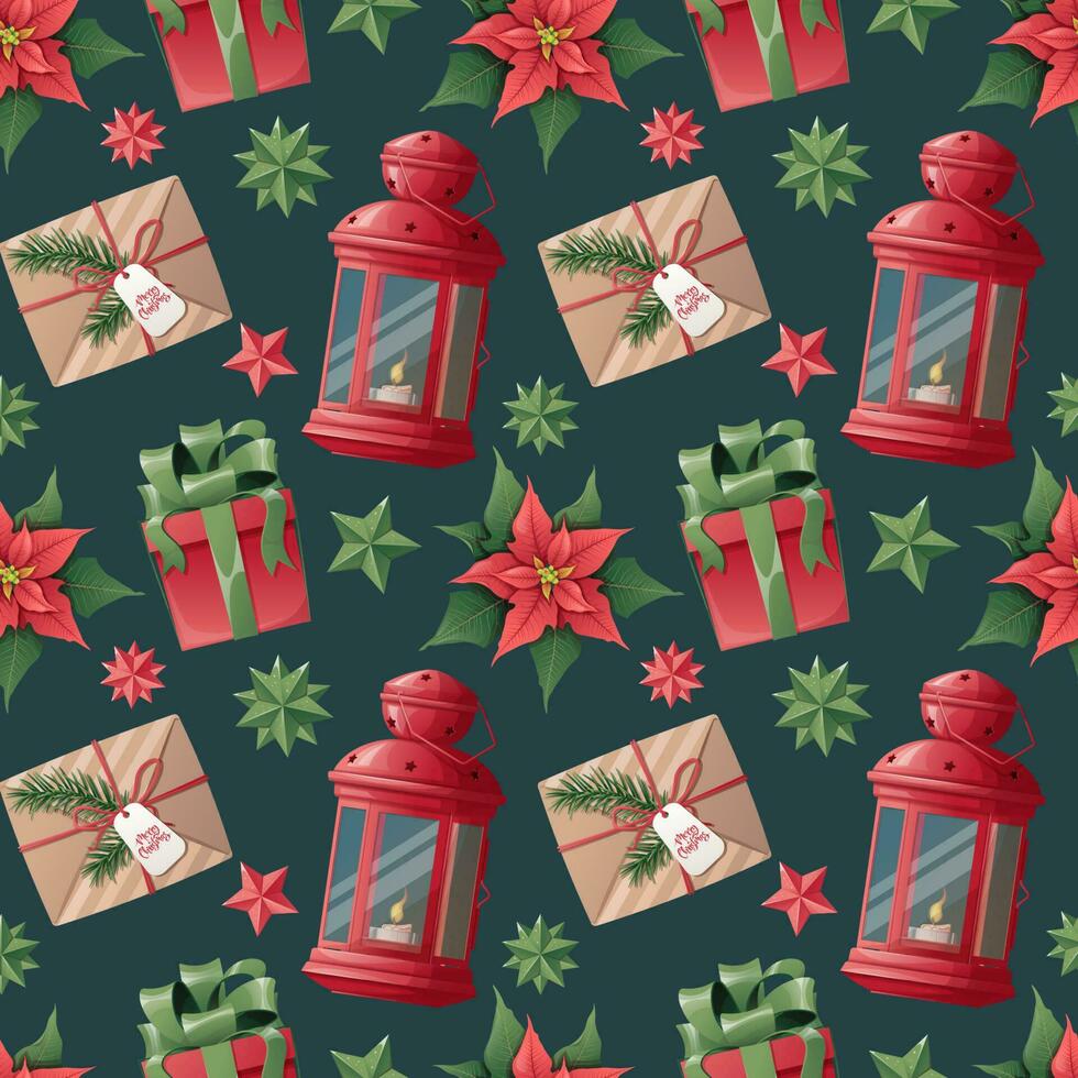 Navidad sin costura modelo con regalos, linterna, flor de pascua en un verde antecedentes. festivo textura para envase papel, álbum de recortes, tela, fondo de pantalla vector