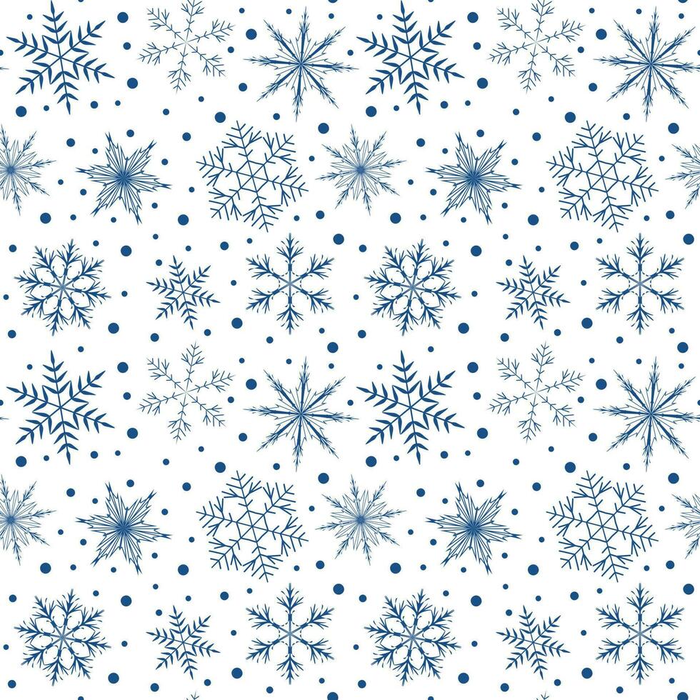 Vector pattern with blue and silver snowflakes on a white background. New Year s texture for decorating fabrics, cards, clothes, invitations, decoration, interior, etc.
