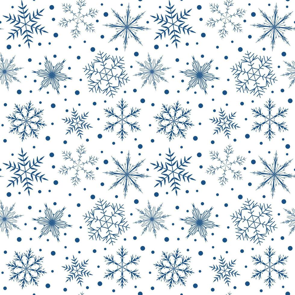 Vector pattern with blue and silver snowflakes on a white background. New Year s texture for decorating fabrics, cards, clothes, invitations, decoration, interior, etc.