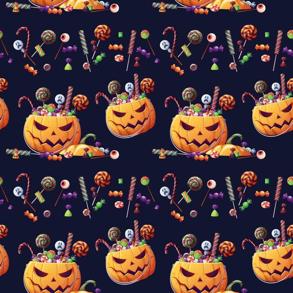 Seamless pattern with Halloween sweets and pumpkin on a white background. Trick or treat. Seamless texture for wrapping, textile, wallpaper, etc. vector