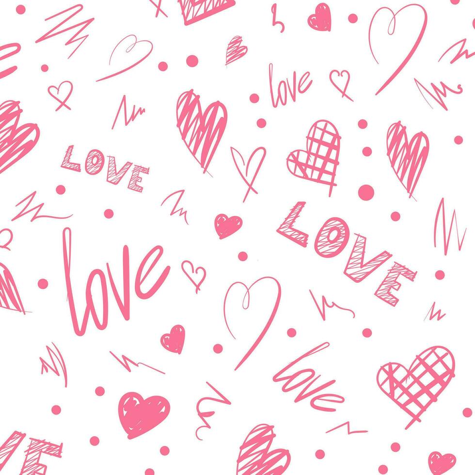 Valentine s day seamless pattern. Pink lettering, hand-drawn hearts. Trendy texture for textiles, wrapping paper and more. vector