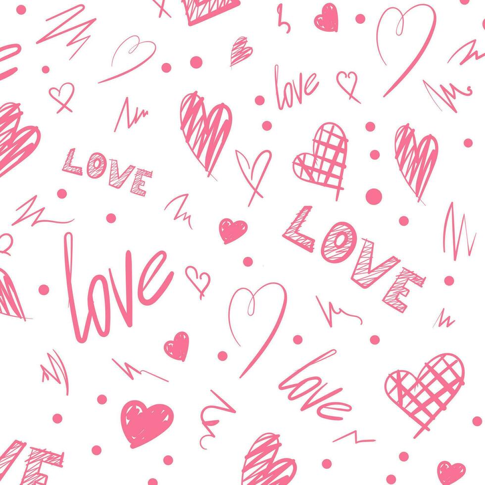 enamorado s día sin costura modelo. rosado letras, dibujado a mano corazones. de moda textura para textiles, envase papel y más. vector