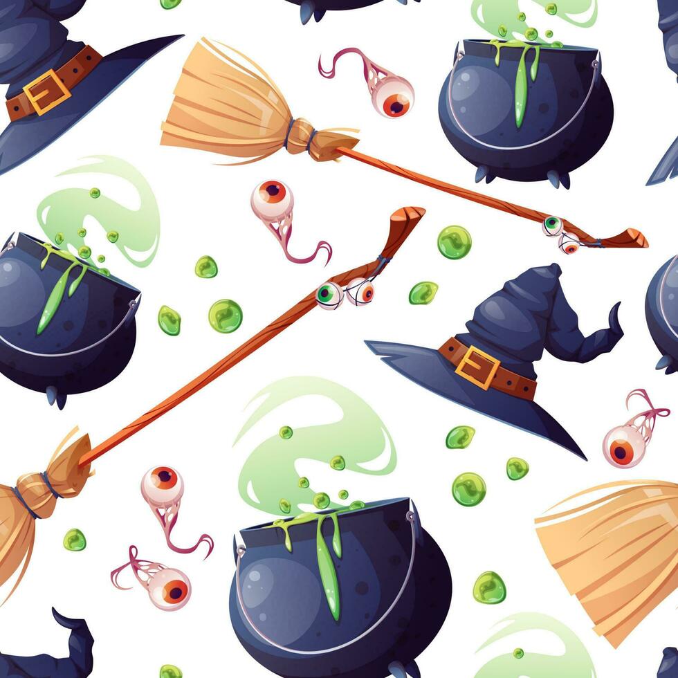 Seamless pattern with witch accessories. Cauldron, broom hat. Texture for Halloween vector