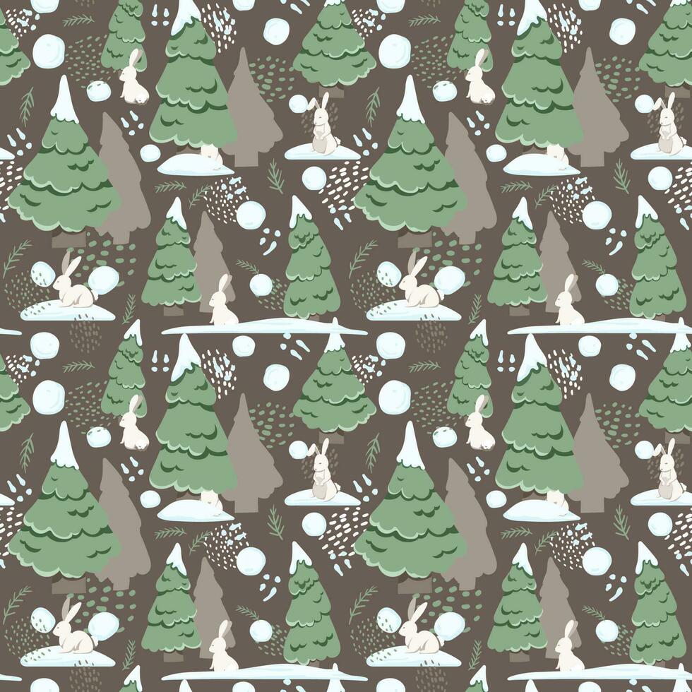 Vector pattern with cute fur-trees rabbits in the snow. Cute illustration for the decor of children s books, postcards, textiles, fabrics, clothes, etc.