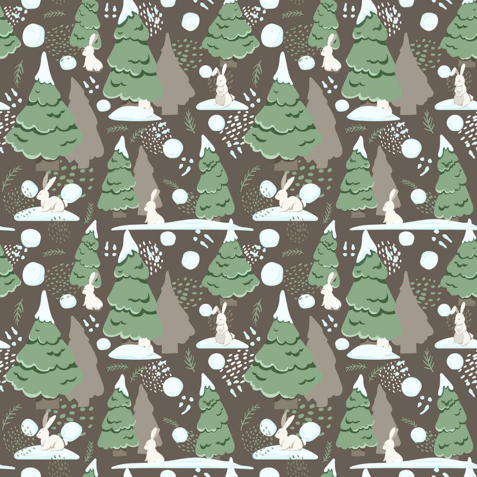 Vector pattern with cute fur-trees rabbits in the snow. Cute illustration for the decor of children s books, postcards, textiles, fabrics, clothes, etc.