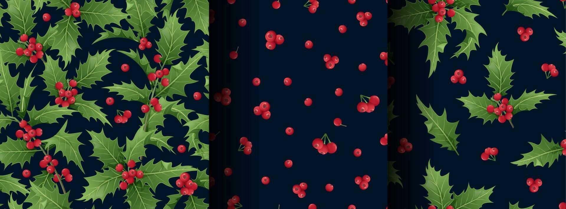 Set of Christmas seamless patterns with holly branches, leaves and berries on a dark background. Christmas mood. Suitable for wrapping paper, wallpaper, textile vector