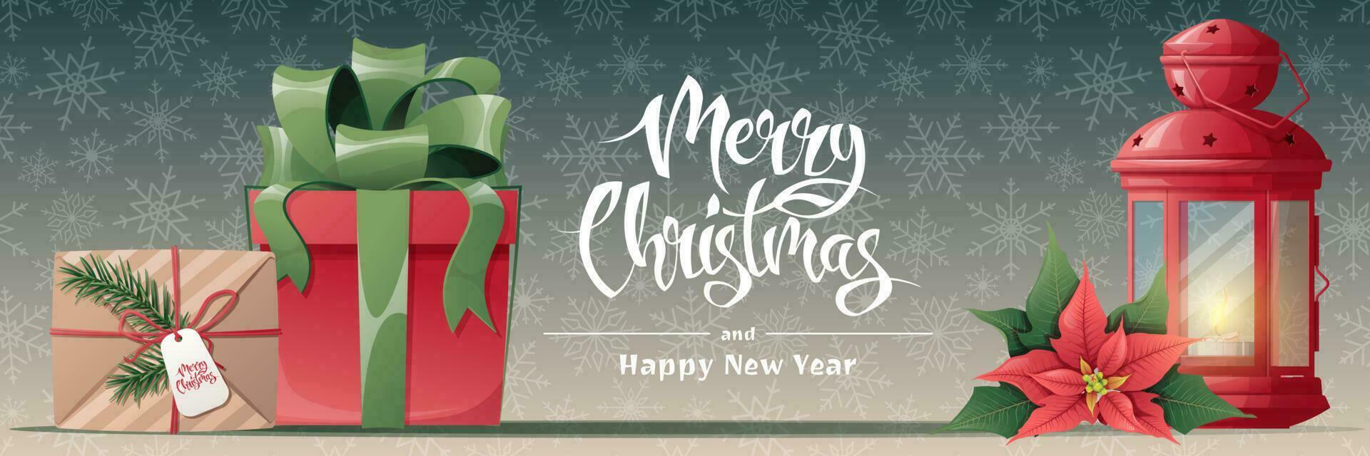 Christmas horizontal banner with gifts, red lantern and poinsettia. New Year winter poster, flyer, background with festive decor. vector