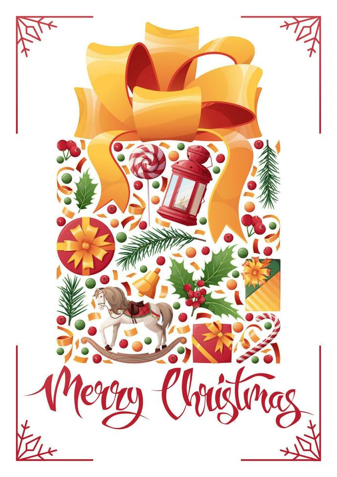 Christmas New Year card. Background with a gift box with a bow. Festive design for greeting card, banner, poster, invitation. Vector illustration