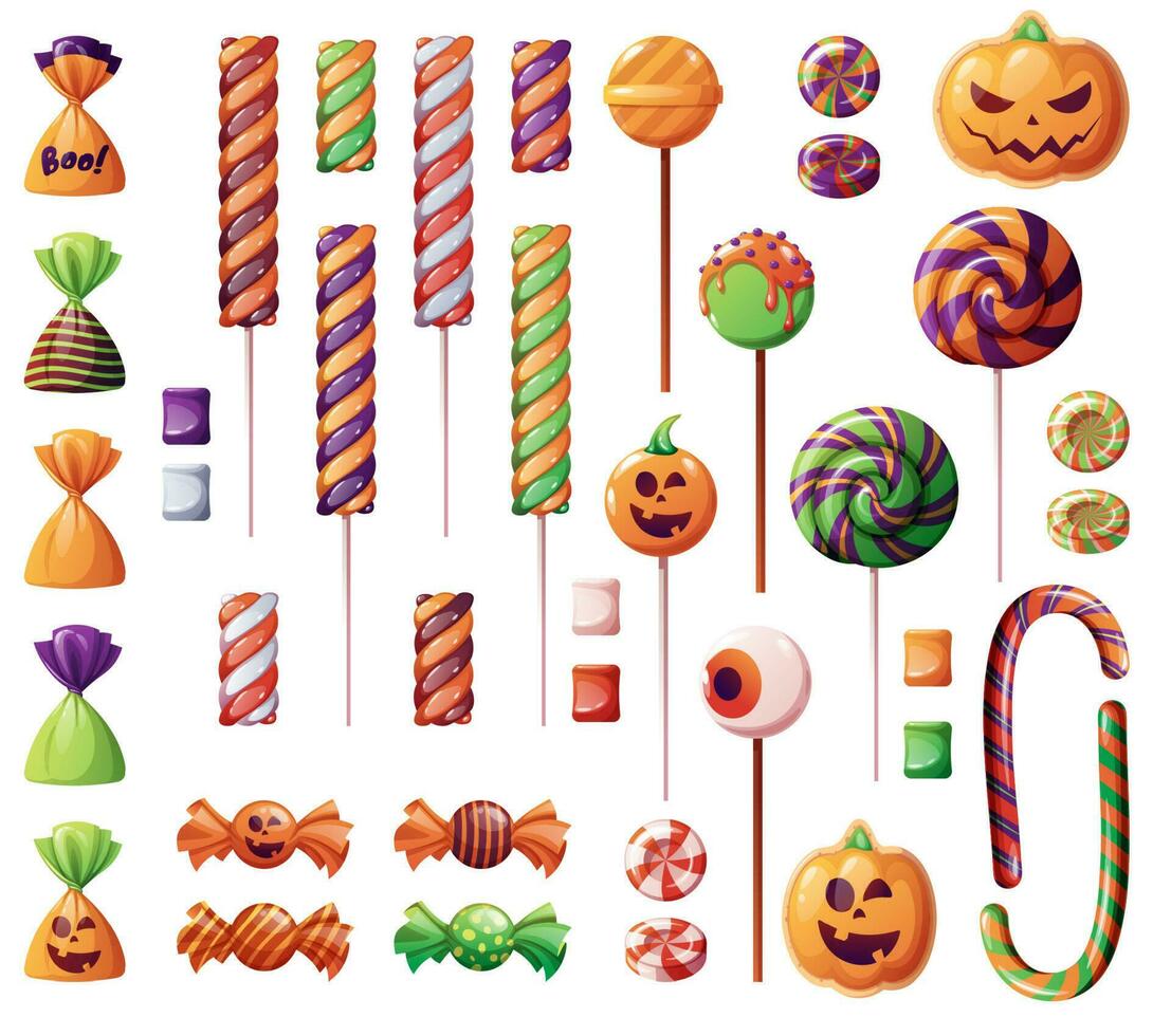 A set of sweets for Halloween. Cookies in the form of a pumpkins. Sweet candies and lollipops with a spiral pattern in Halloween style vector