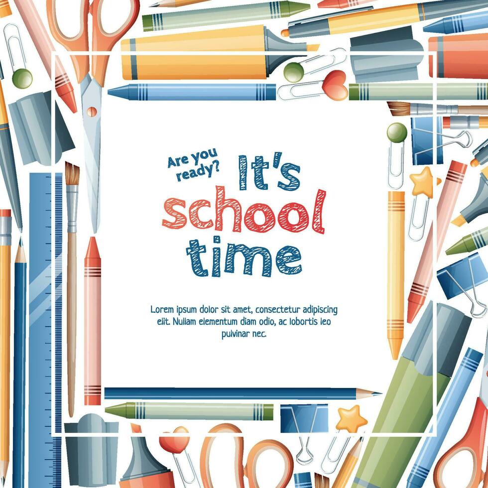 Square background from office supplies. Pen, pencil, marker, brush, paper clips. Back to school, study, office theme. Poster, flyer, banner for advertising vector