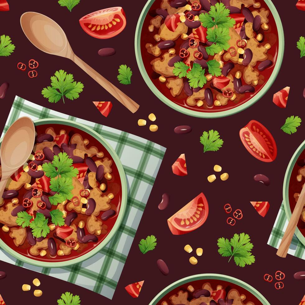 Seamless pattern with bean soup. National Mexican food. Suitable for decorating menus, restaurants, flyers, coupons vector