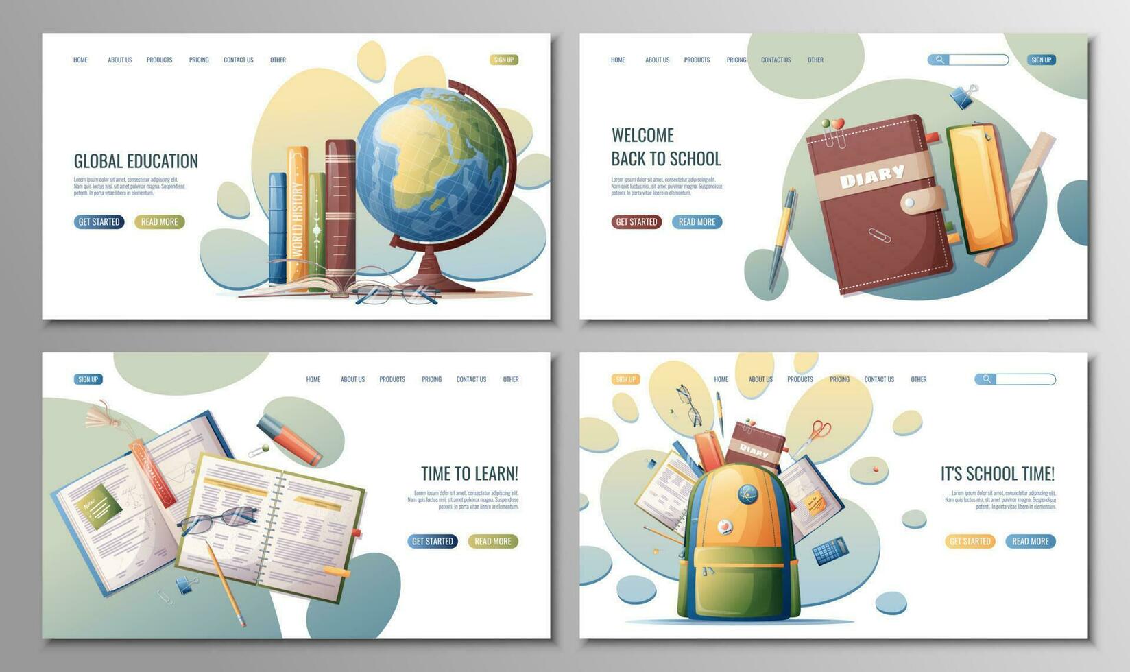 Set of templates web page design. Back to school landing page set. Online learning, education. Background for website. Vector illustration