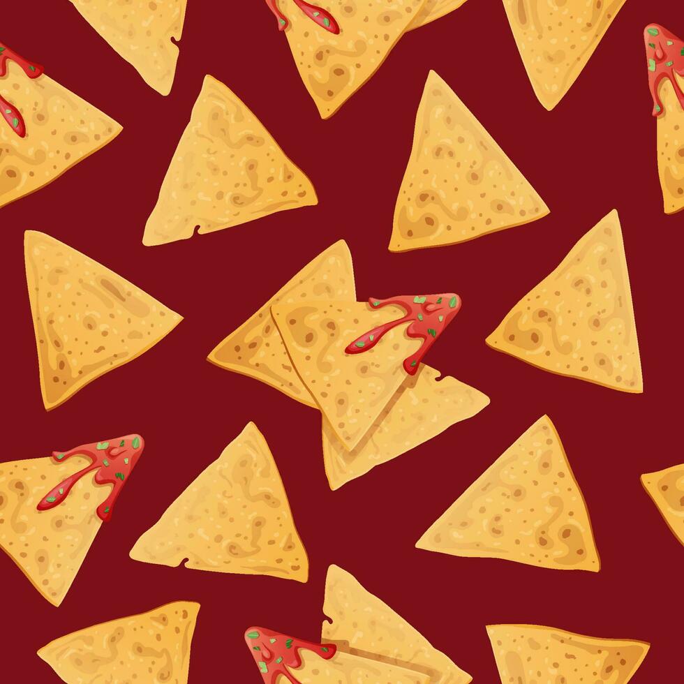 Seamless pattern with nachos on a white background. Traditional Mexican food. Corn chips with salsa. Vector background for wrapping paper, fabric, wallpaper. Latin American food
