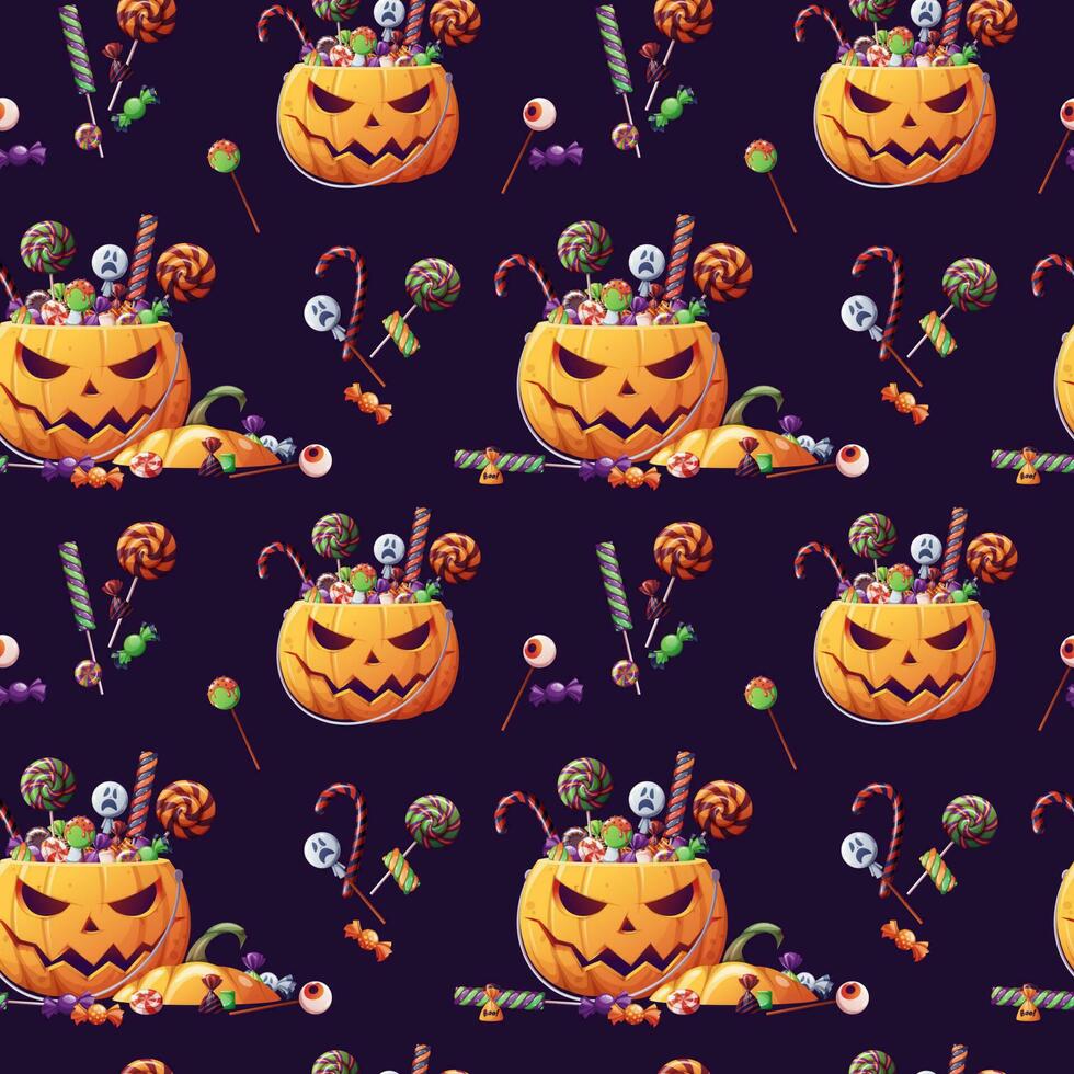 Seamless pattern with Halloween sweets and pumpkin on a white background. Trick or treat. Seamless texture for wrapping, textile, wallpaper, etc. vector