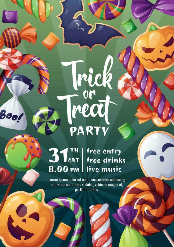 Halloween party flyer. Holiday invitation Trick or Treat. Poster, banner with spooky candies, sweets, cookies, lollipops. vector
