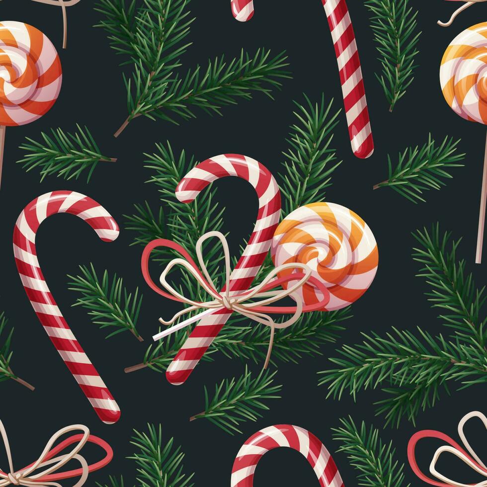 Seamless pattern with spruce and lollipops on a dark background. Christmas New Year texture. Great for wrapping paper, wallpapers, textiles, etc. vector