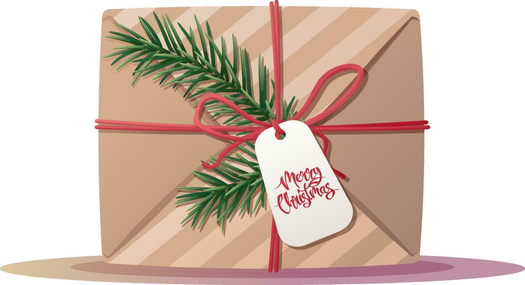 A gift tied with a ribbon with a spruce branch. A box wrapped in wrapping paper with holiday greetings. Christmas and New Year illustration. vector