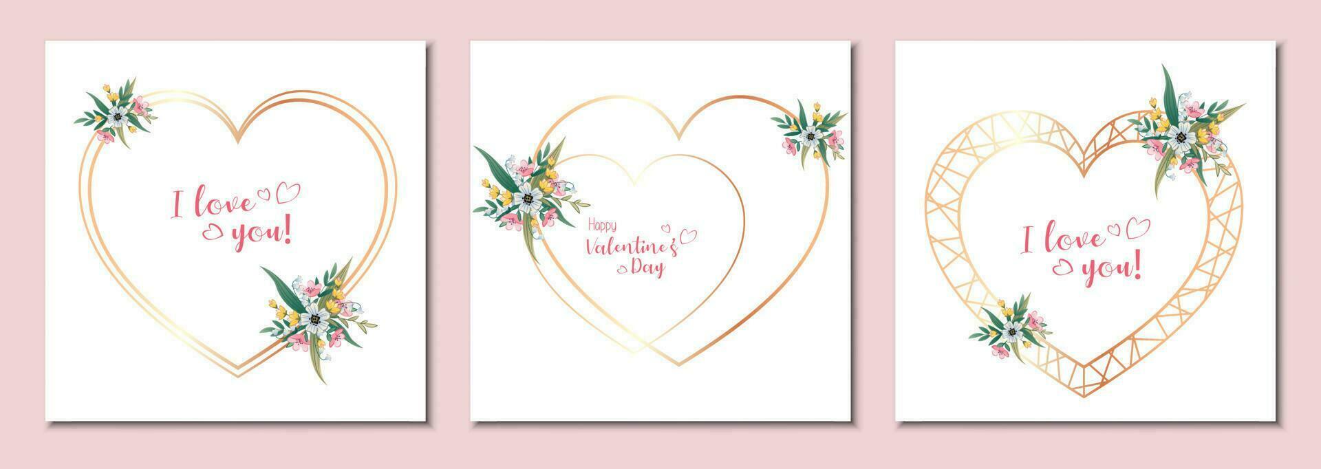 Collection of gold hearts for valentine s day cards and wedding invitations. Simple metal heart frame with floral elements. vector