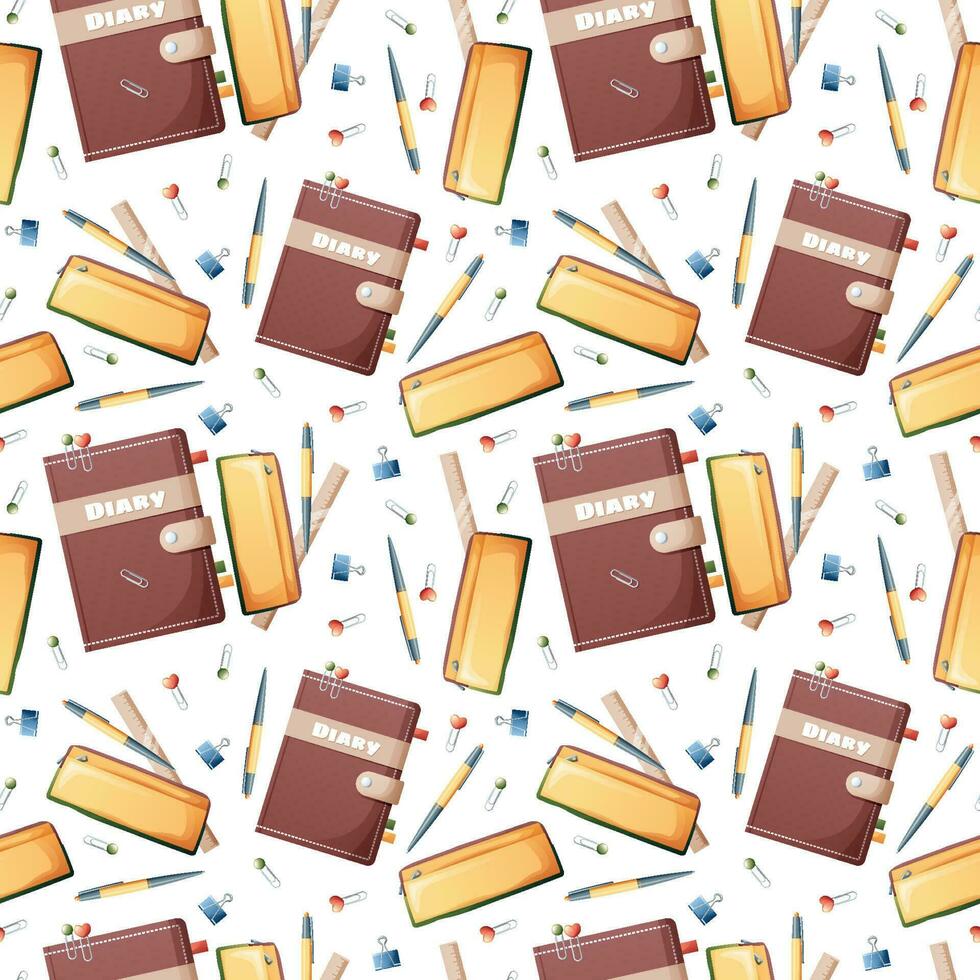 Seamless pattern with diary, pencil case, paper clips, pen, pencils on a dark background. Back to school, knowledge day. Suitable for textiles, paper, wallpapers, etc. vector