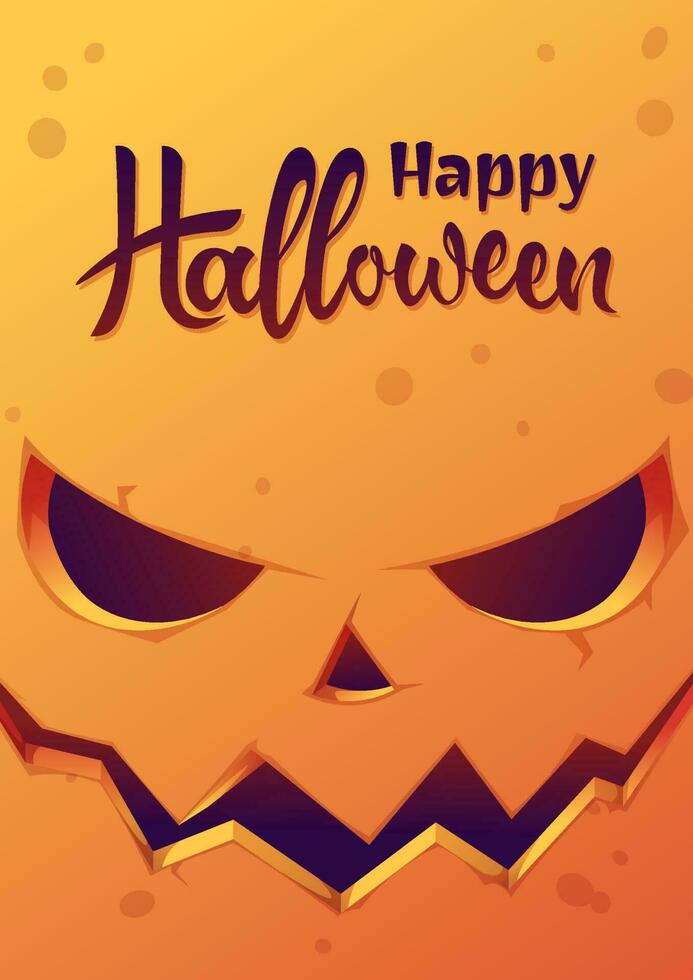 Happy Halloween scary pumpkin face. Card with scary face pumpkin. Glowing lantern with a pumpkin face. Design a template for invitations, leaflets and greeting cards. Vector illustration