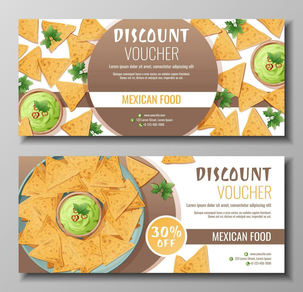 descuento vale, mexicano comida modelo diseño. cupón con nachos y guacamole salsa. bandera, póster, volantes, publicidad para un restaurante vector