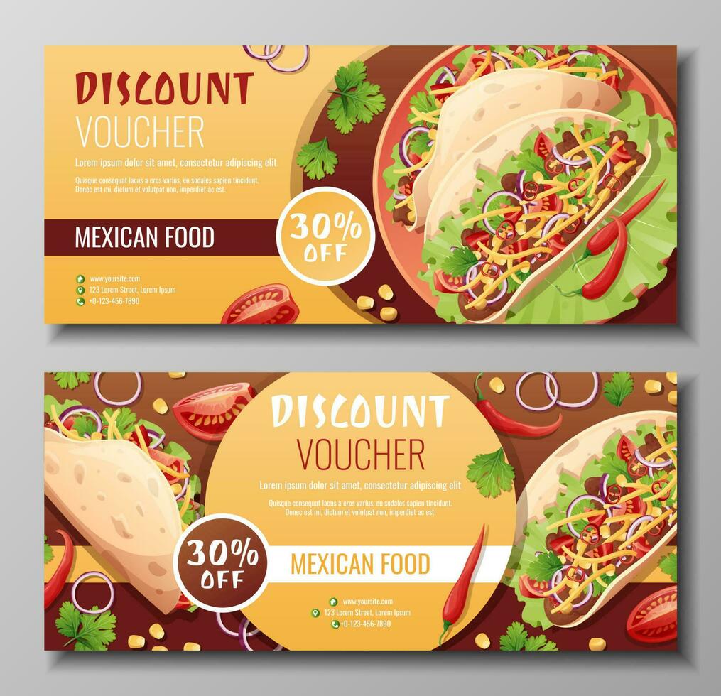Discount voucher, mexican food template design. Coupon set with tacos with pepper meat, cheese.. Banner, poster, flyer, advertising for a restaurant vector