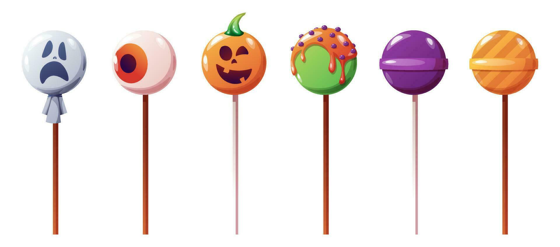 Halloween sweet lollipops, round lollipops. Vector cartoon set of caramel suckers with patterns, candy on a stick with a pattern of pumpkin, ghost