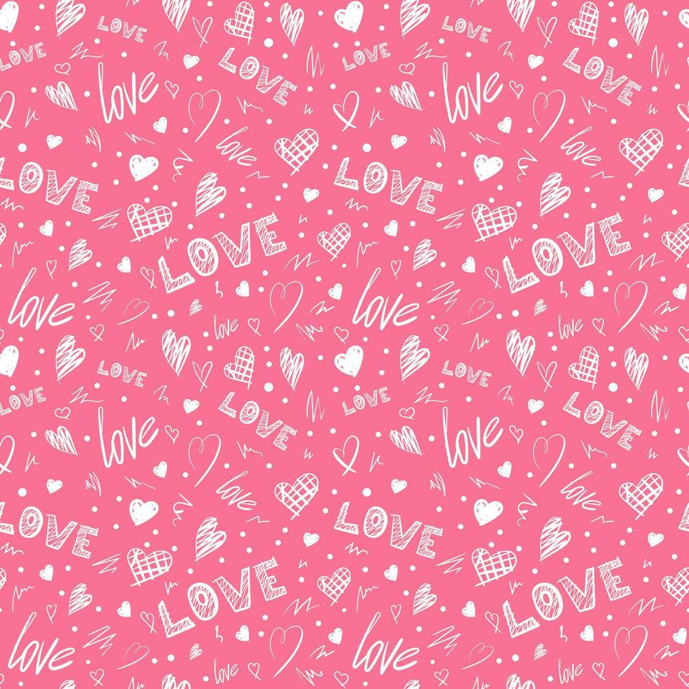 Valentine s day seamless pattern. Pink lettering, hand-drawn hearts. Trendy texture for textiles, wrapping paper and more. vector