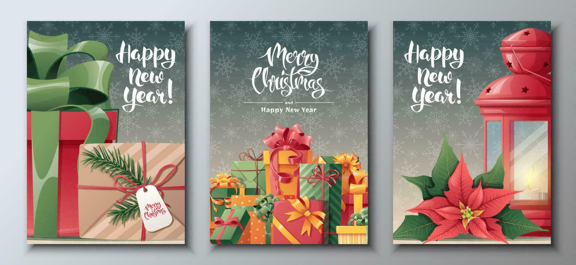 Set of christmas cards with bunch of gift boxes, red lantern, rocking horse. Festive Christmas poster with winter decor. Vector illustration for banner, flyer, postcard