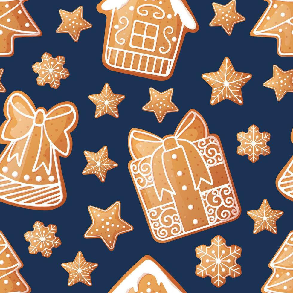 Seamless pattern with Christmas gingerbread. Texture with New Year cookies and white icing. Great for paper, textile, wallpaper vector