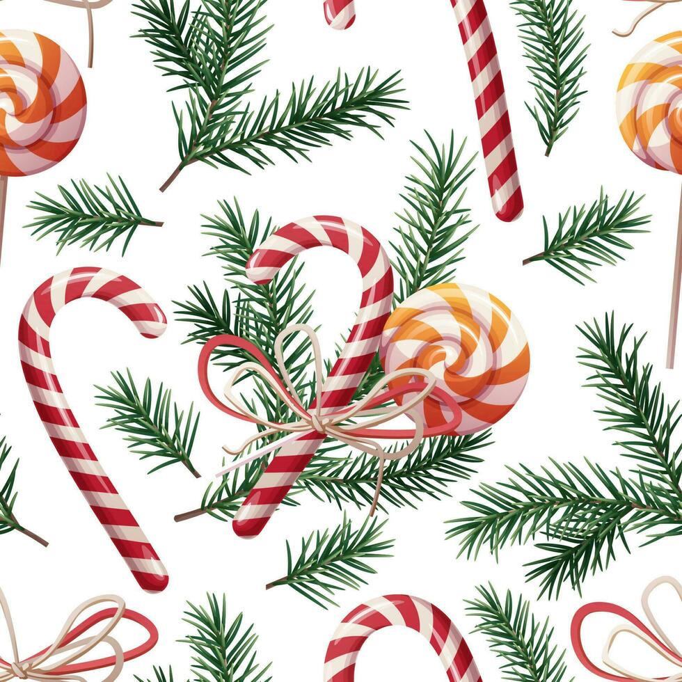 Seamless pattern with spruce and lollipops on a white background. Christmas New Year texture. Great for wrapping paper, wallpapers, textiles, etc. vector