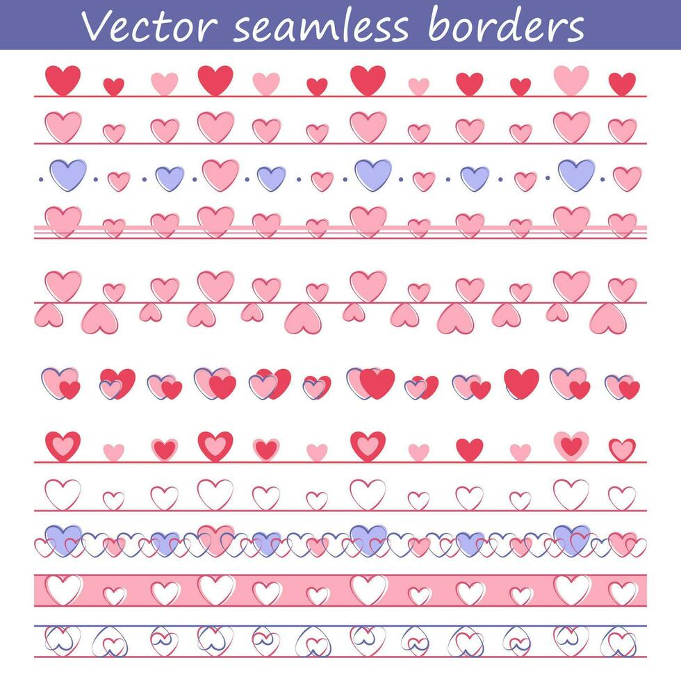 Vector seamless brush lines and borders set with hearts. Hand drawn strokes collection. Decorative design elements.