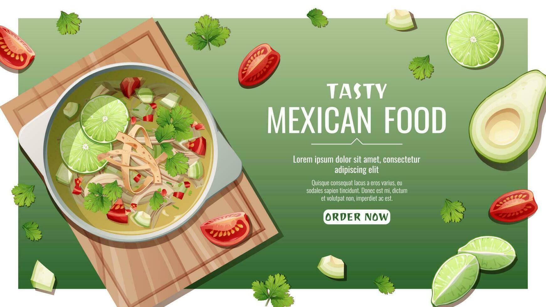 Banner with lime soup, tomatoes and cilantro. National Mexican food. Tasty and healthy food, cooking, menu. Online food order vector