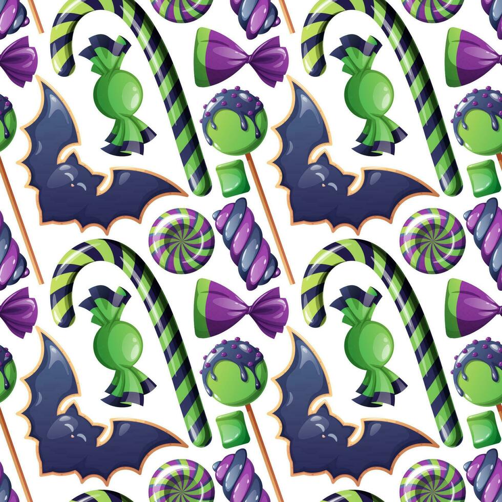 Happy Halloween sweets pattern. Seamless background with trick or treat candies. Vector illustration. Many types spooky dessert.