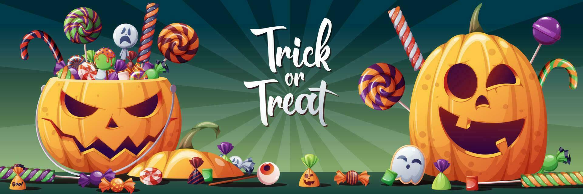 Halloween banner with cartoon pumpkins and holiday sweets, candies. Spooky dessert on Halloween horizontal background. Festive vector banner with Halloween pumpkins, cookies, lollipops